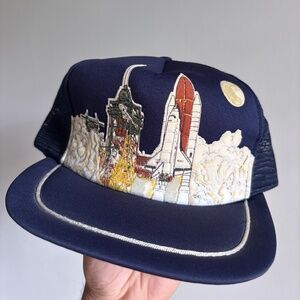 vintage NASA SPaceshit rocket launch trucker hat mesh snapback blue puff